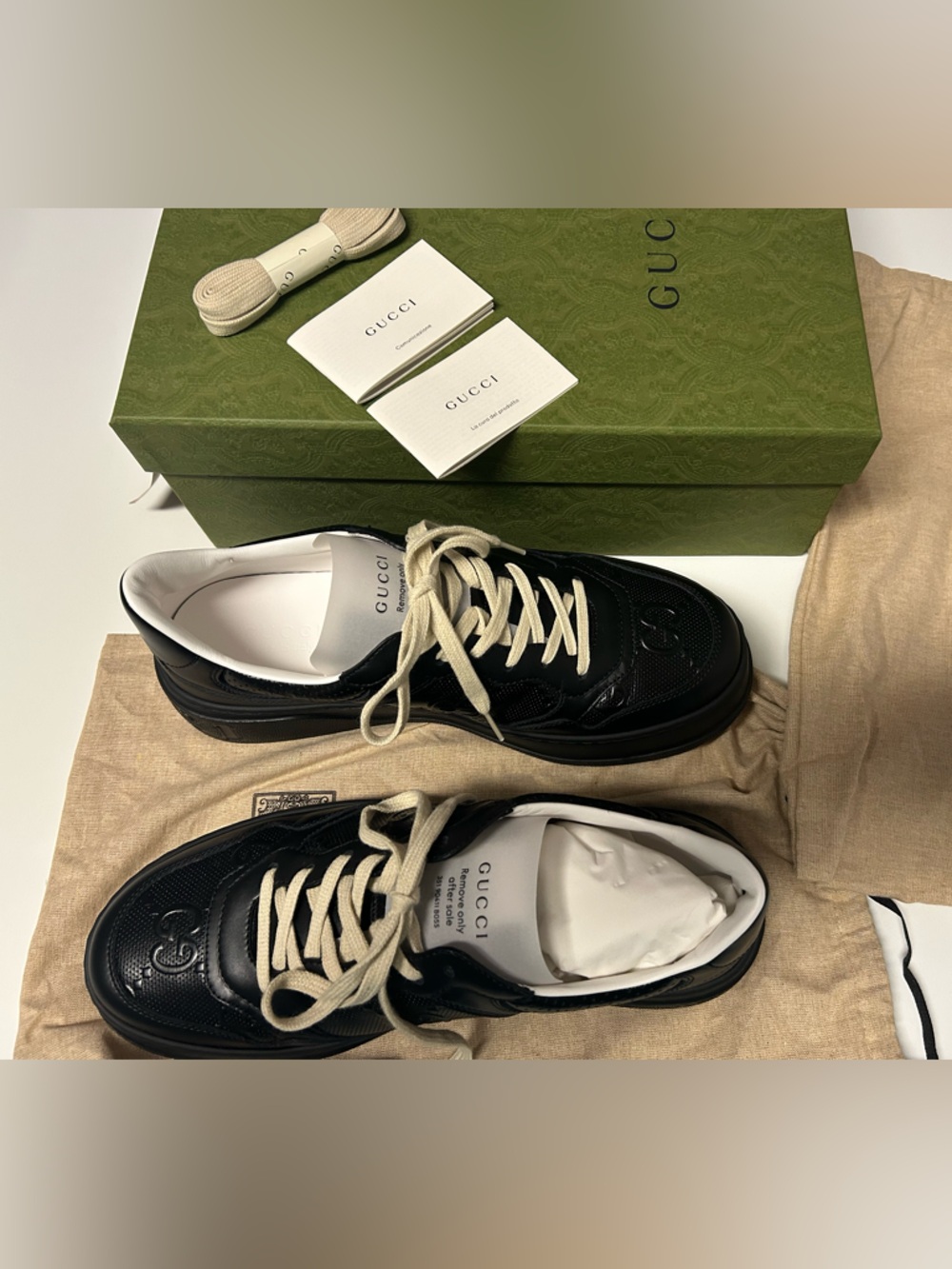 **AUTHENTIC** Gucci Black Leather Sneakers w/ box, dust bags, and extra laces. - Picture 8 of 12